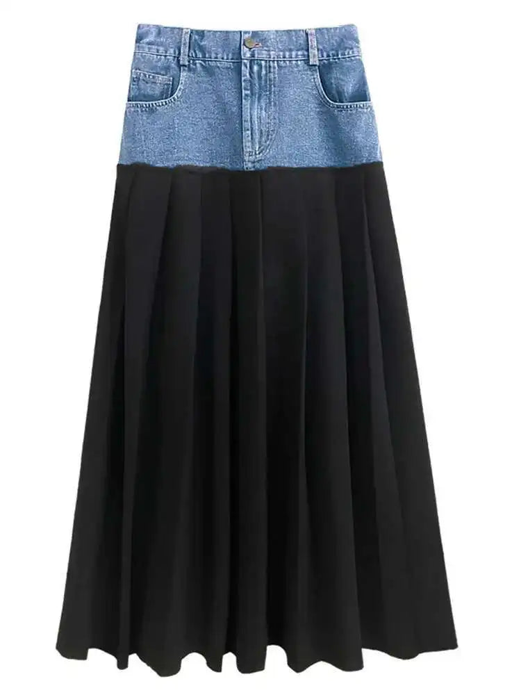 High Elastic Waist Blue Color-block Denim Pleated A-line Half-body Skirt Women Fashion Tide New Spring Autumn 2025 1DH2576
