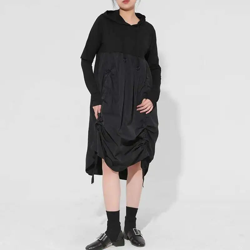Women Black Drawstring Hollow Out Big Size Irregular Dress New Hooded Long Sleeve Fashion Tide Spring Autumn 2025 JD076