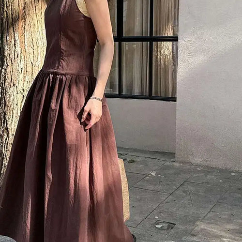 Load image into Gallery viewer, Women Coffee Color-block Elegant Long Vest Dress New Round Neck Sleeveless Fashion Tide Spring Summer 2025 1DJ0743
