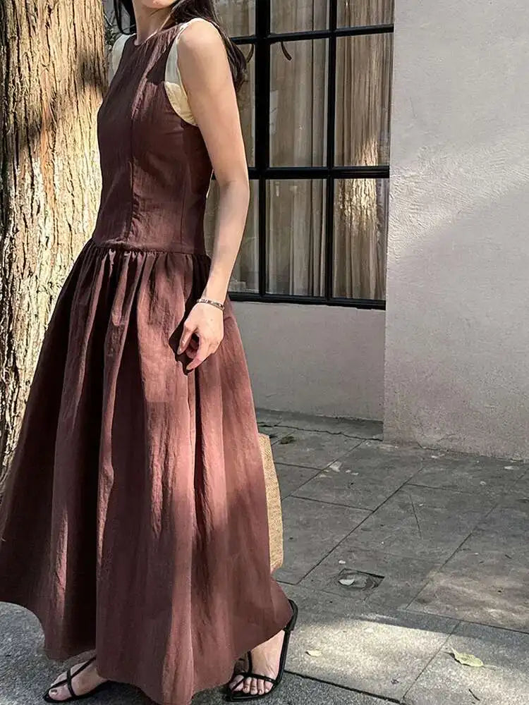 Women Coffee Color-block Elegant Long Vest Dress New Round Neck Sleeveless Fashion Tide Spring Summer 2025 1DJ0743