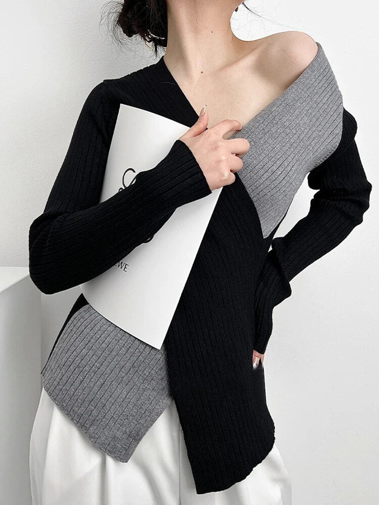 Slim Knitting Irregular Sweater For Women V Neck Long Sleeve Solid Minimalsit Pullover Female Clothing Fashion