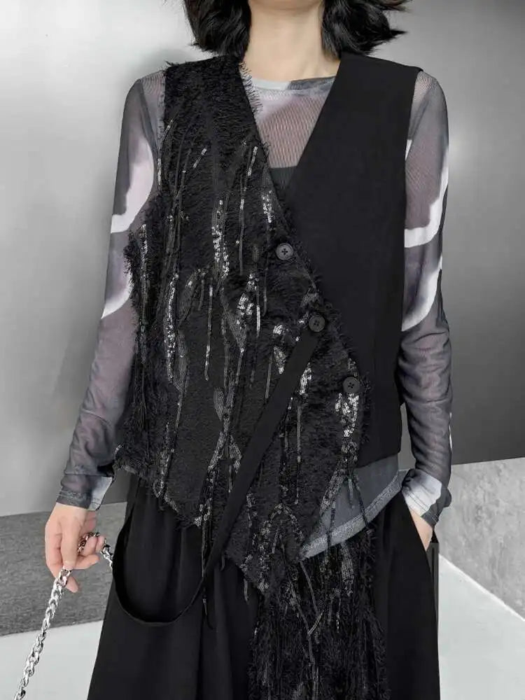 Big Size Irregular Vest Sequins Wide Leg Pants Two Piece Suit New V-Neck Sleeveless Women Fashion Tide Spring Autumn 2025