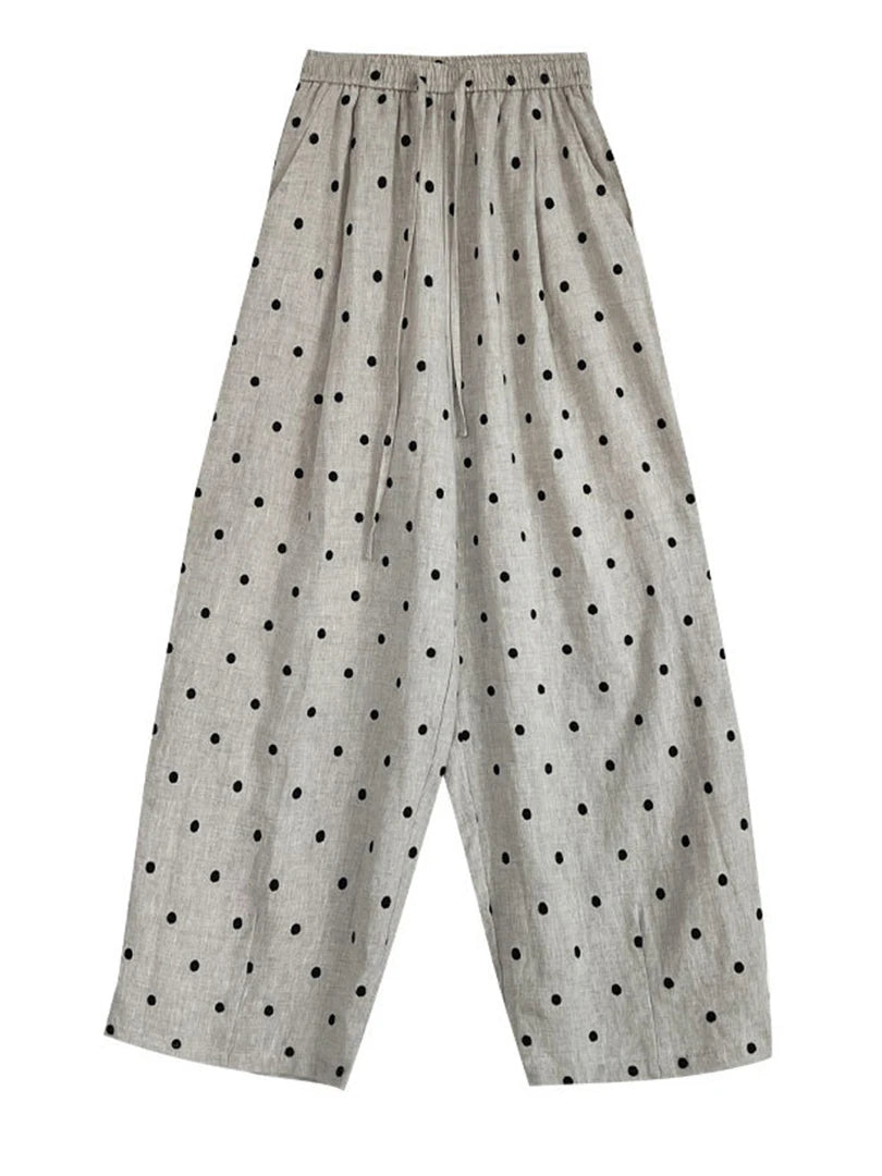 High Elastic Waist Linen Dot Embroidery Wide Leg Long Pants New Trousers Women Fashion Tide Spring Autumn 2025 1DJ1548
