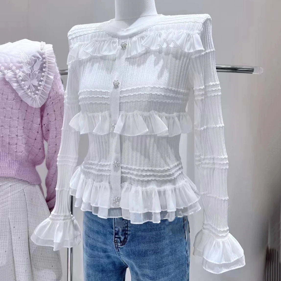 Ruffle Flare Sleeve Lace Shirt Blouse Spring Womens Fashion Long Sleeve Top Designer Tight Shirt Korean Style B-059