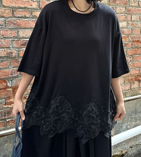 Women Black Hem Lace Spliced Big Size Casual T-shirt New Round Neck Half Sleeve Fashion Tide Spring Summer 2025 1DJ0895