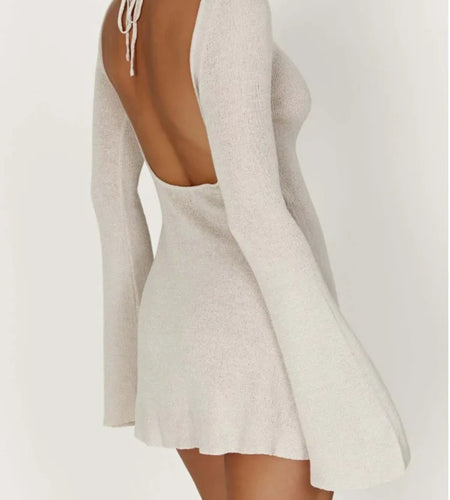 Elegant Long Sleeved Knitted Lace Up Dress Women Sexy Solid Color Backless Knitted Mini Skirt Dress Fashion Streetwear