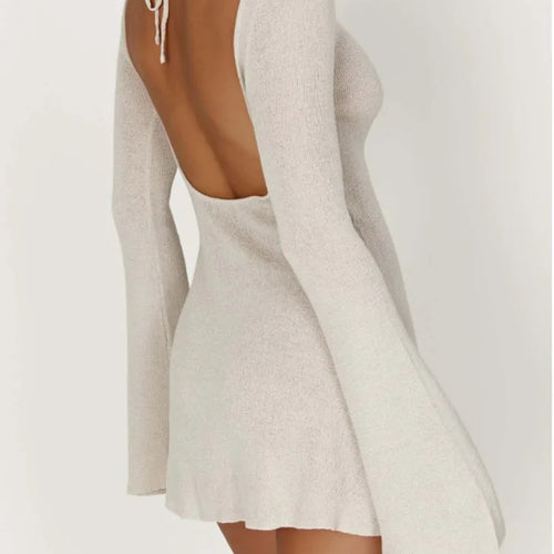 Load image into Gallery viewer, Elegant Long Sleeved Knitted Lace Up Dress Women Sexy Solid Color Backless Knitted Mini Skirt Dress Fashion Streetwear
