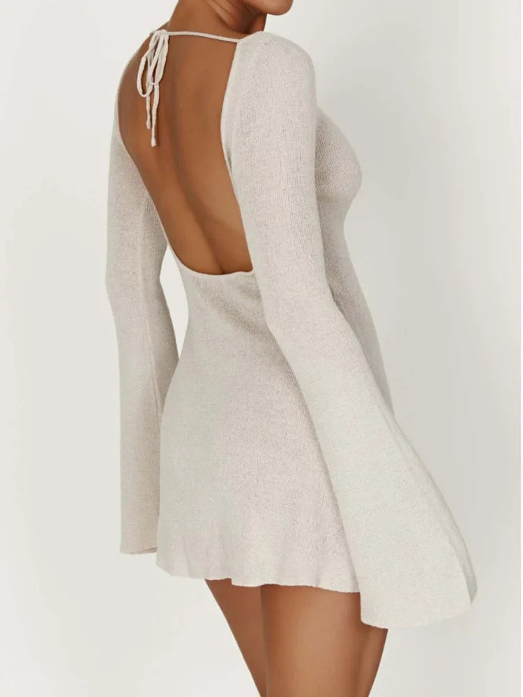 Elegant Long Sleeved Knitted Lace Up Dress Women Sexy Solid Color Backless Knitted Mini Skirt Dress Fashion Streetwear