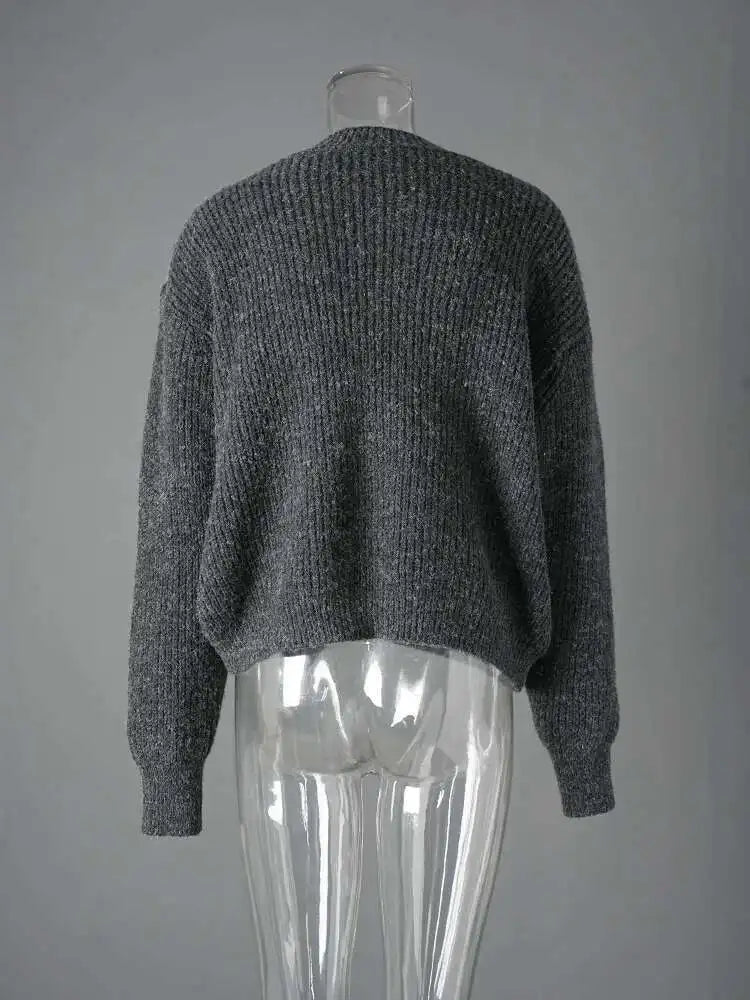 Gray Denim Big Size Design Knitting Cardigan Sweater V-Neck Long Sleeve Women New Fashion Tide Spring Autumn 2025 CP3517