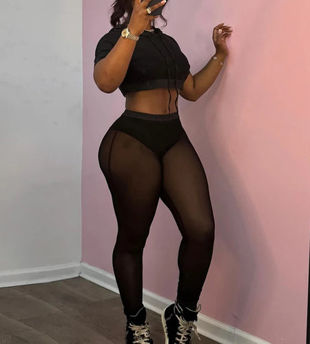 Mesh Casual Women 2 Piece Set Tracksuit Hooded Drawstring Crop Tops+Leggings Fitness Skinny Matching Streetwear Outfits