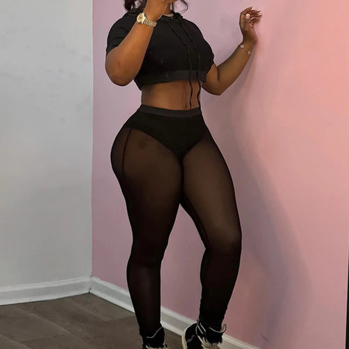 Load image into Gallery viewer, Mesh Casual Women 2 Piece Set Tracksuit Hooded Drawstring Crop Tops+Leggings Fitness Skinny Matching Streetwear Outfits
