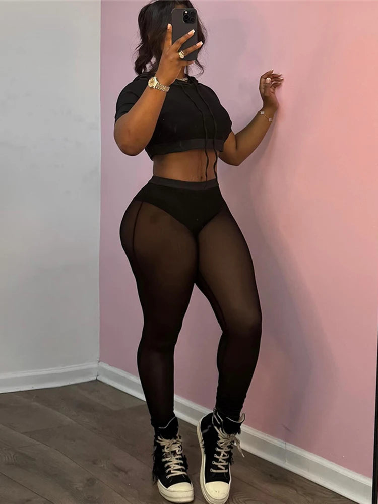 Mesh Casual Women 2 Piece Set Tracksuit Hooded Drawstring Crop Tops+Leggings Fitness Skinny Matching Streetwear Outfits