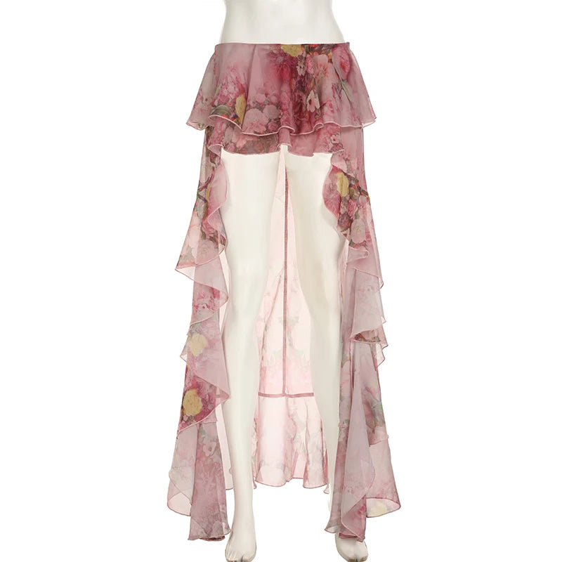 Fashion Boho Holidays Chiffon Maxi Skirt Female Folds Flowers Printing Sexy Summer Skirts Party Outfits Tierred Hot