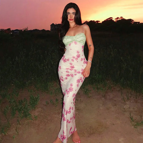 Load image into Gallery viewer, Lace Print Spaghetti Strap Sexy Maxi Dress Women Elegant Off-shoulder Sleeveless Backless High Waist Bodycon Dress
