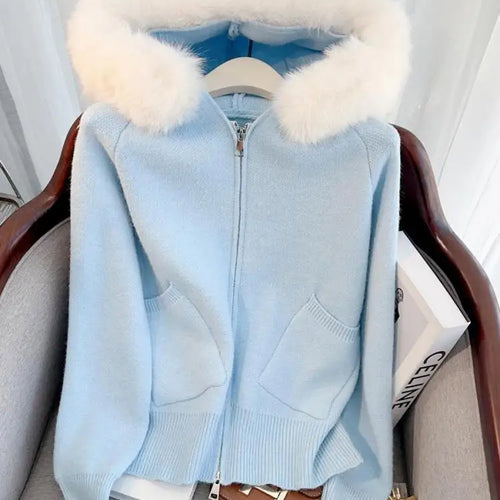 Load image into Gallery viewer, French Fashion Women Solid Long Sleeve Knitted Sweater 2024 New Autumn Winter Ladies Hairy Neck Hooded Zipper Cardigan Tops Chic
