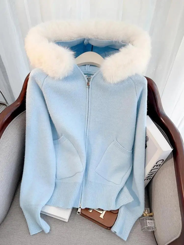 French Fashion Women Solid Long Sleeve Knitted Sweater 2024 New Autumn Winter Ladies Hairy Neck Hooded Zipper Cardigan Tops Chic