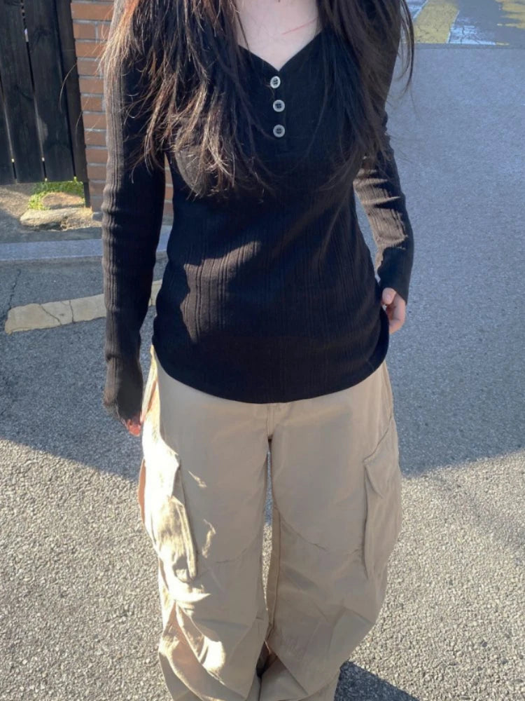 Autumn Y2k Aesthetic Vintage Solid Ribbed Tees Streetwear Half Open Collar Casual Tshirts Women Harajuku Grunge Bottoming Tops