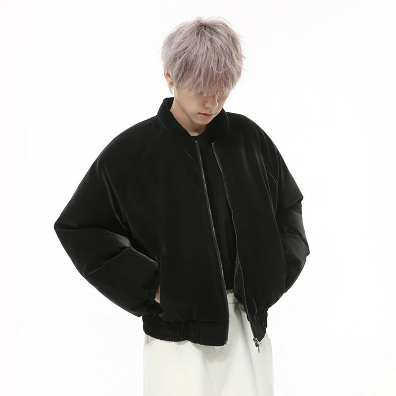 PU Leather Men's Padded Jackets Warm Round Collar Solid Color Loose Coats New Trendy Korean Short Cotton Tops Simple 9C9342
