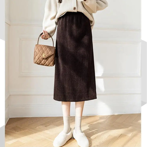 Load image into Gallery viewer, Korean Fashion Black White Elegant Office Thick Skirt Women Autumn Winter Brown Slim High Waist Velvet Knitted Long Skirts Trend
