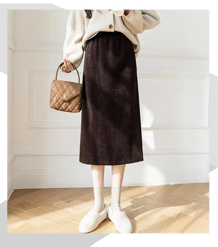 Korean Fashion Black White Elegant Office Thick Skirt Women Autumn Winter Brown Slim High Waist Velvet Knitted Long Skirts Trend