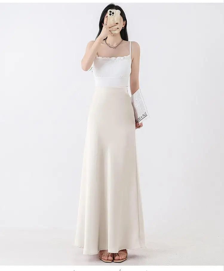 Korean Black Beige A-line Pleated Long Skirt Spring Summer Women 2024 Streetwear Pink High Waist Elegant Wrapped Hip Skirt Trend