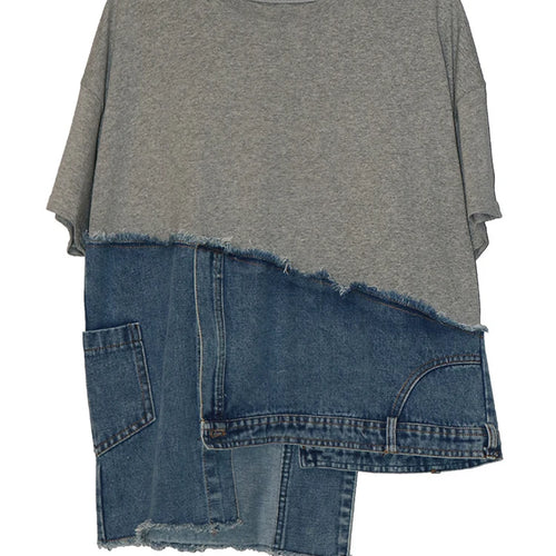 Load image into Gallery viewer, Women White Denim Irregular Big Size Casual T-shirt New Round Neck Short Sleeve Fashion Tide Spring Summer 2025 1DJ0557
