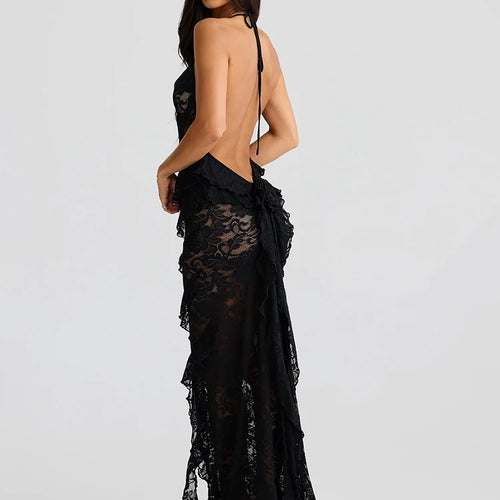 Load image into Gallery viewer, Lace Backless Sexy Maxi Dress Women Gown Halter Lace-up Sleeveless Bodycon Elegant Ruffle Beach Club Long Dress 2025
