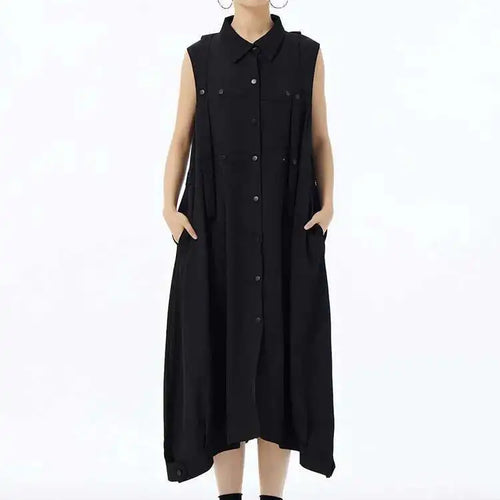 Load image into Gallery viewer, Women Army Green Button Big Size Midi Casual Shirt Dress New Lapel Sleeveless Fashion Tide Spring Summer 2025  1DH6614
