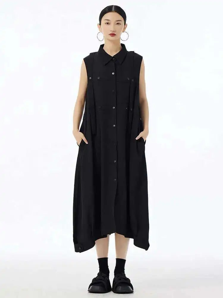 Women Army Green Button Big Size Midi Casual Shirt Dress New Lapel Sleeveless Fashion Tide Spring Summer 2025  1DH6614