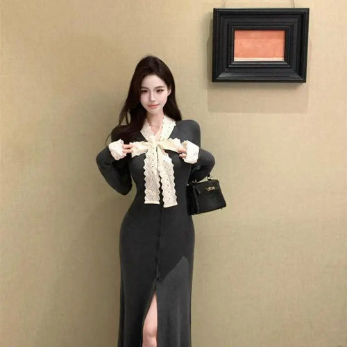 Load image into Gallery viewer, Korean 2024 New Women's Patchwork Lace Bow Bandage Dress Autumn Winter Single Breasted Office Lady Slim Split Knitted Dress Chic
