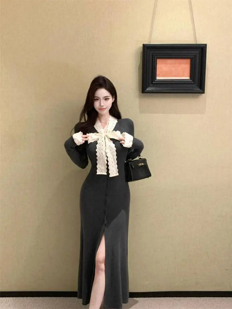 Korean 2024 New Women's Patchwork Lace Bow Bandage Dress Autumn Winter Single Breasted Office Lady Slim Split Knitted Dress Chic