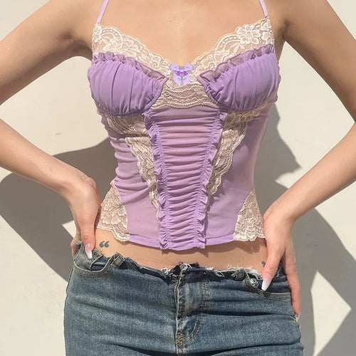 Load image into Gallery viewer, Fashion Milkmaid Frill Lace Patchwork Mesh Y2K Top Ruffles Bow Sweet Strap Camis Contrast Summer Cropped Women Tees
