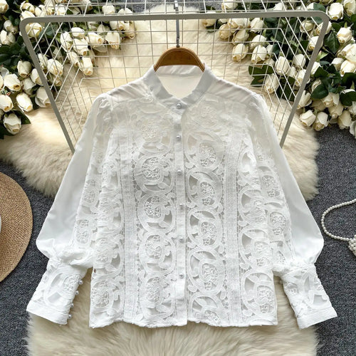 Load image into Gallery viewer, French Women Solid Lace Single Breasted Shirt 2024 Spring Autumn Vintage Ladies Long Sleeve Festival Blouses Fashion Tops Simple
