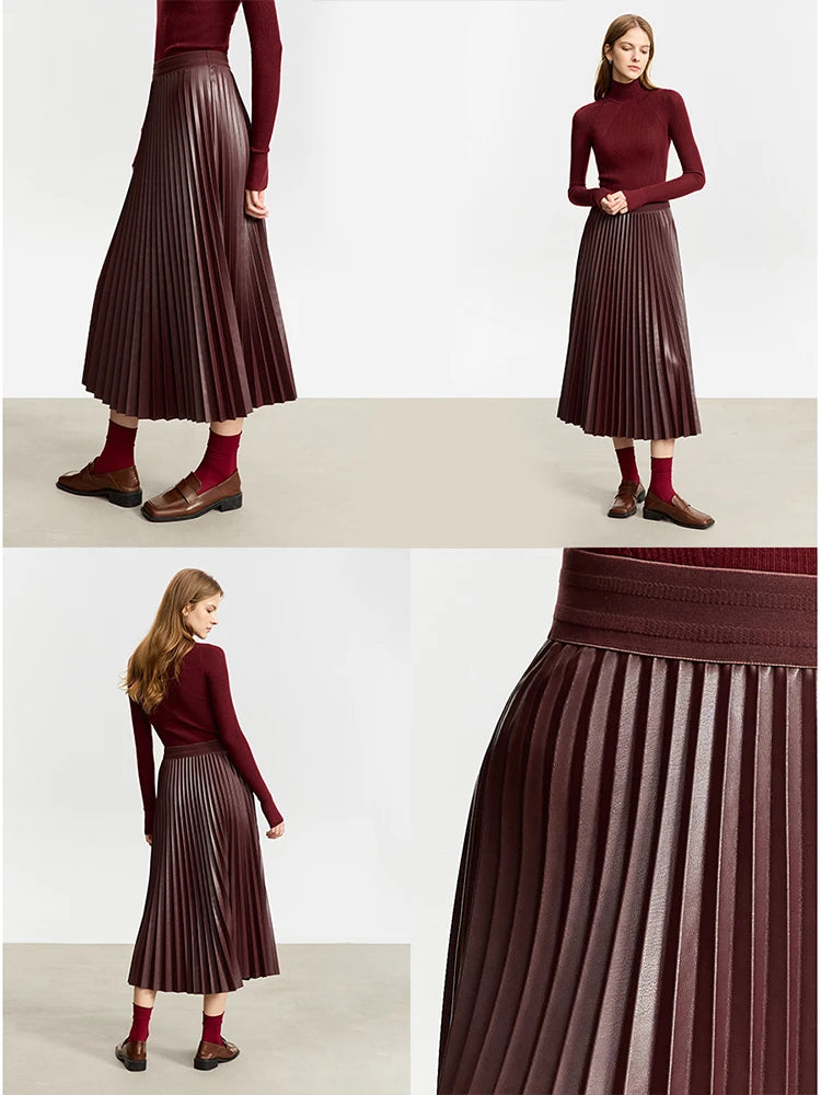 Minimalist Retro Fashion Women Skirts 2024 Winter New A-line Pleated PU Simple Office Lady Leather Skirt Female 12323021