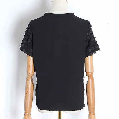 Load image into Gallery viewer, Black Patchwork Sequin T Shirt For Women Round Neck Short Sleeve Casual Loose T Shirts Female Fashion Clothes Style
