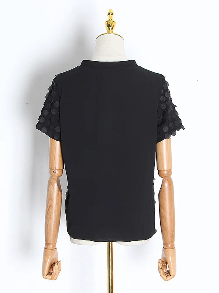 Black Patchwork Sequin T Shirt For Women Round Neck Short Sleeve Casual Loose T Shirts Female Fashion Clothes Style