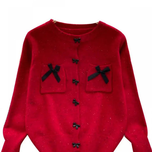 Load image into Gallery viewer, Autumn Winter Women Sweet Red Pink Elegant Round Neck Knit Tops Vintage White Single Breasted Long Sleeve Bow Sweater 2024 Trend
