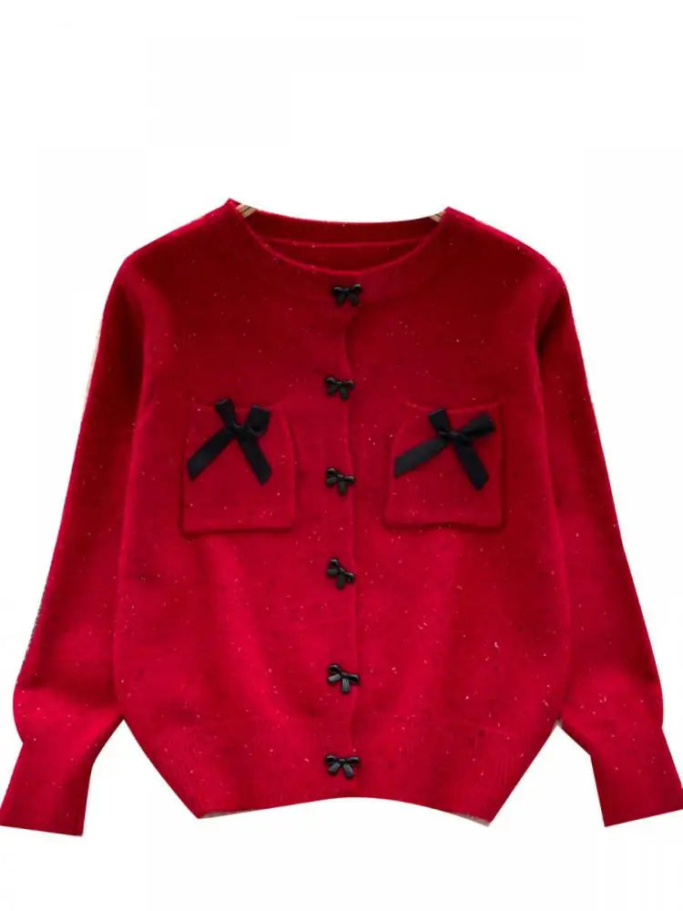 Autumn Winter Women Sweet Red Pink Elegant Round Neck Knit Tops Vintage White Single Breasted Long Sleeve Bow Sweater 2024 Trend