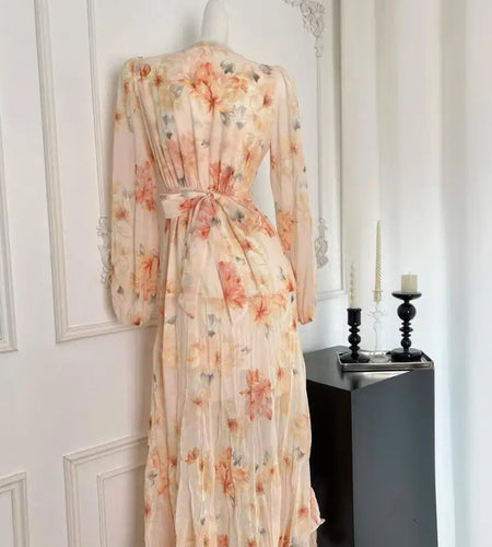 Vintage Women Orange Print V Neck High Waist Long Sleeves A-line Pleated Party Prom Dress Autumn Slim Bow Bandage Dress Bohemian