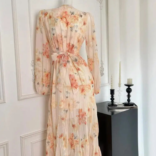 Load image into Gallery viewer, Vintage Women Orange Print V Neck High Waist Long Sleeves A-line Pleated Party Prom Dress Autumn Slim Bow Bandage Dress Bohemian
