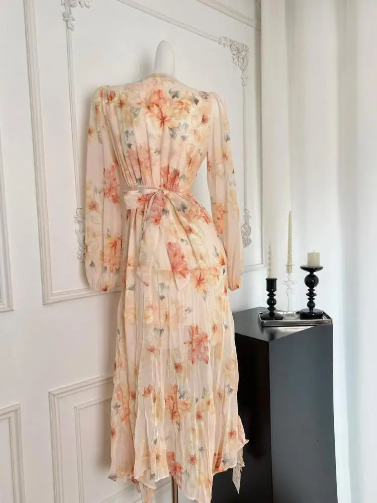 Vintage Women Orange Print V Neck High Waist Long Sleeves A-line Pleated Party Prom Dress Autumn Slim Bow Bandage Dress Bohemian