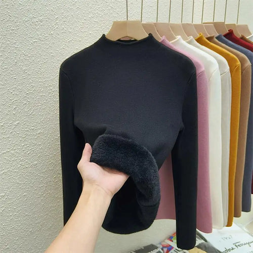 Load image into Gallery viewer, Autumn Winter Women Solid Half High Neck Velvet Sweater Korean Fashion Warm Knitwear Long Sleeve Pullovers Tops Thick Simplicity
