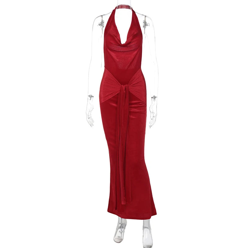 Halter Draped Ruched Sexy Maxi Dress For Women Gown Deep V Neck Sleeveless Backless Bodycon Club Long Dress Elegant