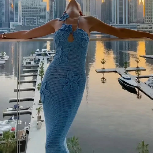 Load image into Gallery viewer, See Through Crochet Floral Knit Sexy Maxi Dress For Women Halter Sleeveless Backless Party Long Dress Beachwear New
