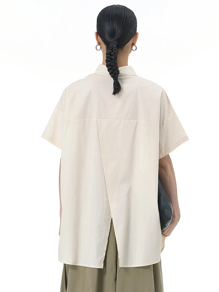 Women Apricot Irregular Hem Big Size Casual Blouse New Lapel Short Sleeve Shirt Fashion Tide Spring Summer 2025 1DJ1503