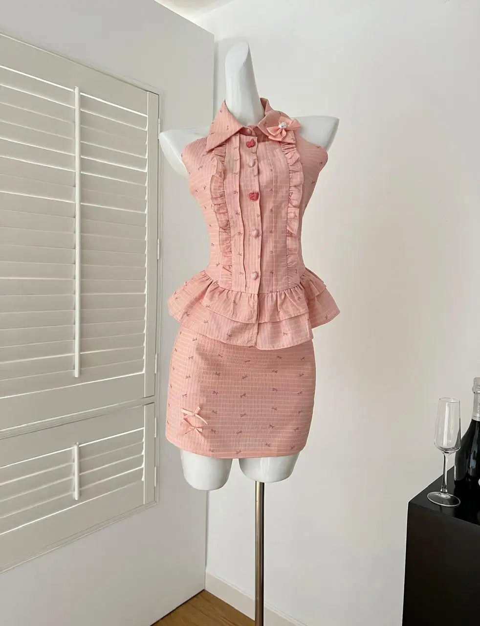 Summer Women Vintage Pink Button Sexy Off Shoulder Ruffles Sleeveless Short Tops High Waist Short Skirt 2025 Two-piece Set Trend
