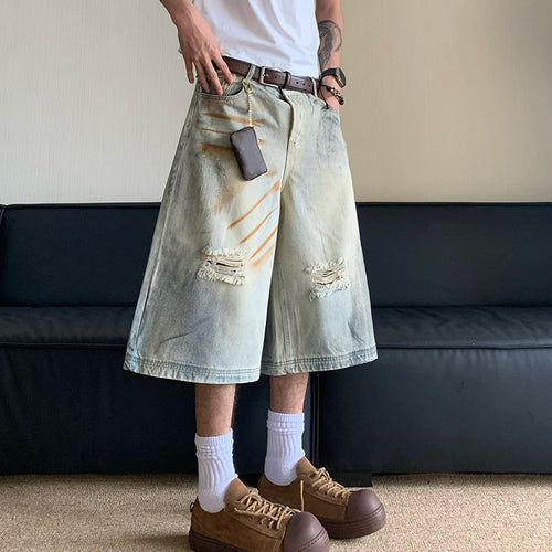 Load image into Gallery viewer, Mud Dyed Washed Worn Out Hole Straight Denim Pants Summer 2024 Wide Leg Contrast Color Male Shorts Casual 24E1065
