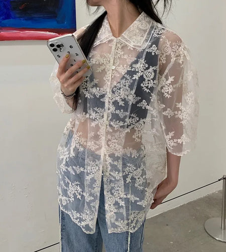 Summer Korean Fashion Lace Shirts Short Sleeve See Through Mesh Blouses Japanese Style Designer Clothes Fairycore Kawaii