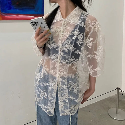 Load image into Gallery viewer, Summer Korean Fashion Lace Shirts Short Sleeve See Through Mesh Blouses Japanese Style Designer Clothes Fairycore Kawaii
