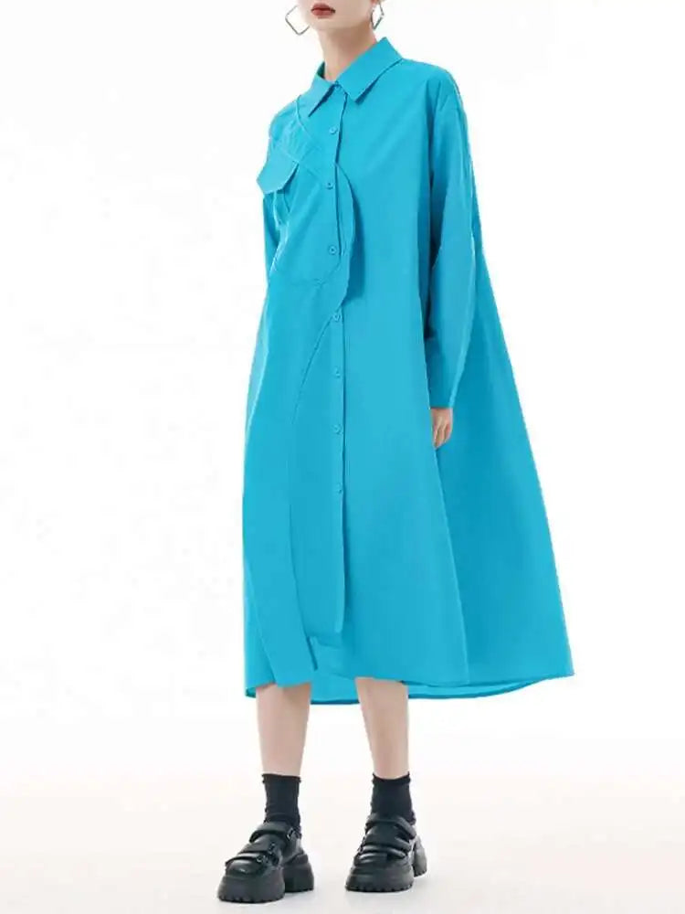 Women Purple Irregular Spliced Big Size Shirt Dress New Lapel Long Sleeve Loose Fit Fashion Spring Autumn 2025 1DH0654